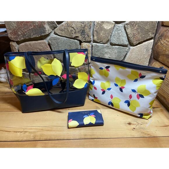 Kate Spade 3 Piece Lemon Zest Set. See thru bag tote, clip in bag and wallet - Picture 1 of 16